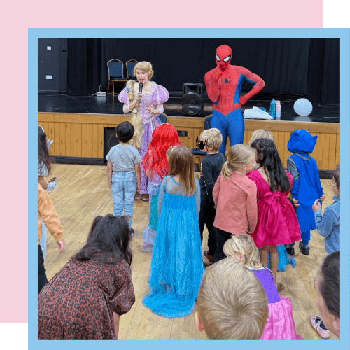 Spider-Man and Rapunzel celebrating at a birthday party