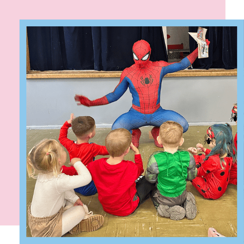 Spider-Man pretending to be Doctor Octopus while reading a story to a group of children