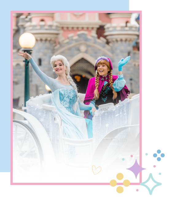 Kate as 'Elsa' on a parade with 'Anna' at Disneyland Paris